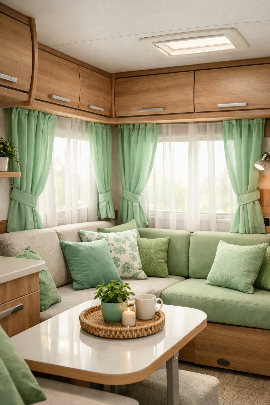 Interior of an RV with mint green curtains and green-themed decor, including seating and plants.