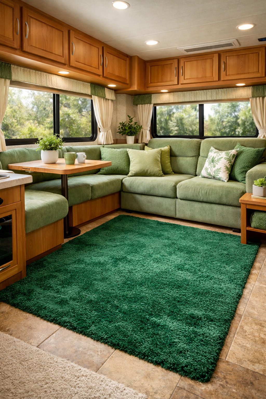 Interior of an RV with emerald green rugs, green upholstery, wooden cabinets, and natural light coming through the windows.