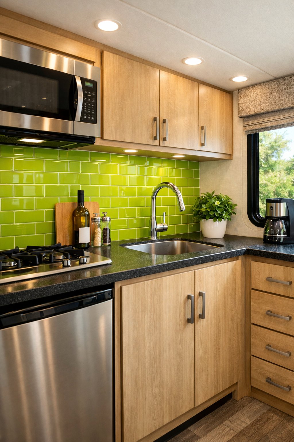 Interior view of an RV kitchen with lime green backsplash, cabinets, appliances, and a small plant on the counter.