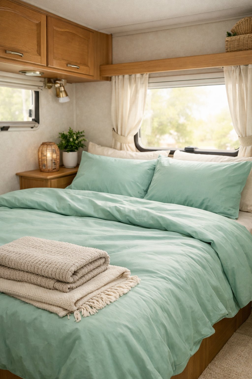 Interior of an RV bedroom with seafoam green bedding, natural light, and wooden accents.