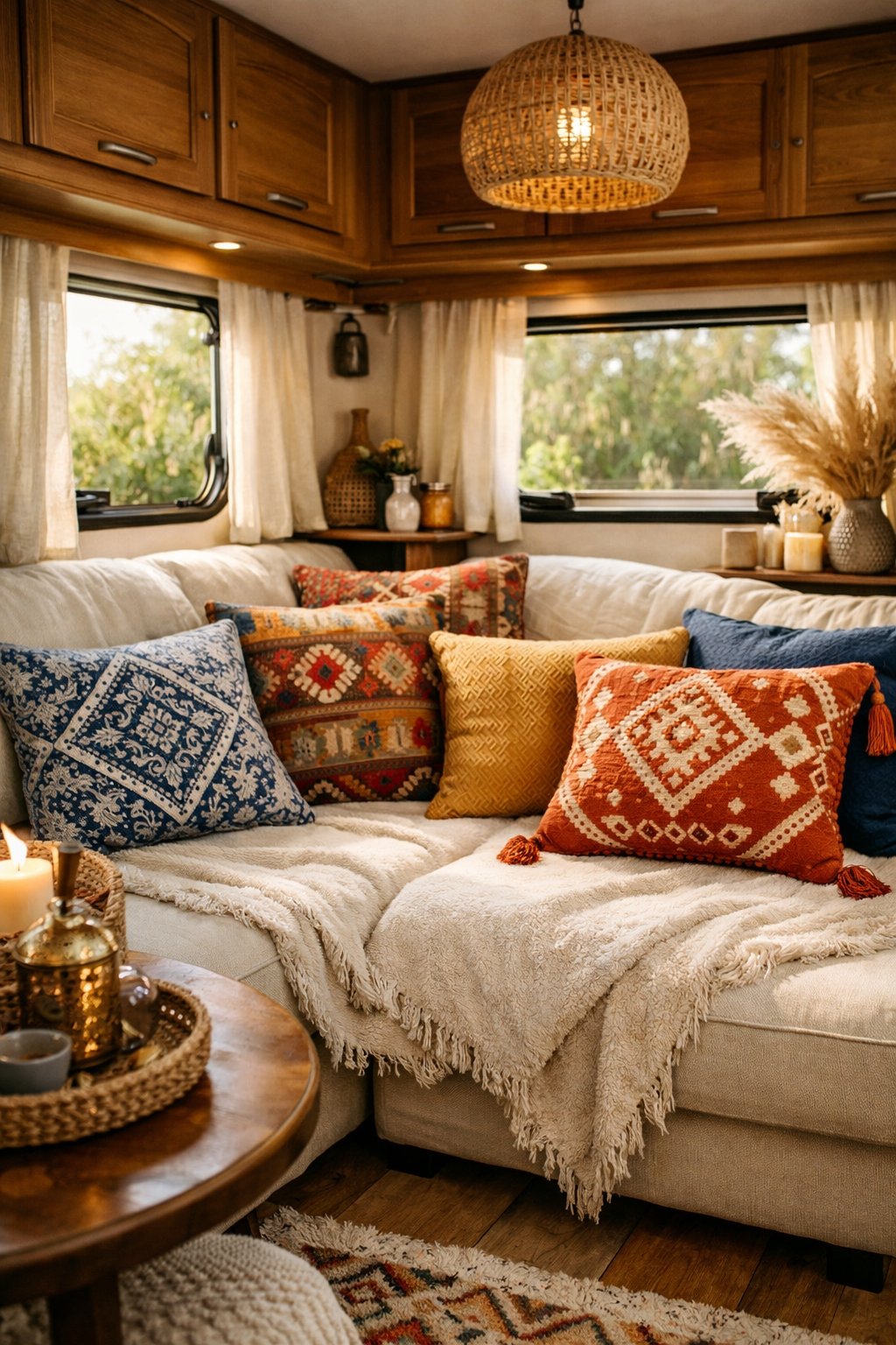 Interior of a cozy RV with colorful patterned cushions on seating, creating a comfortable and inviting space.