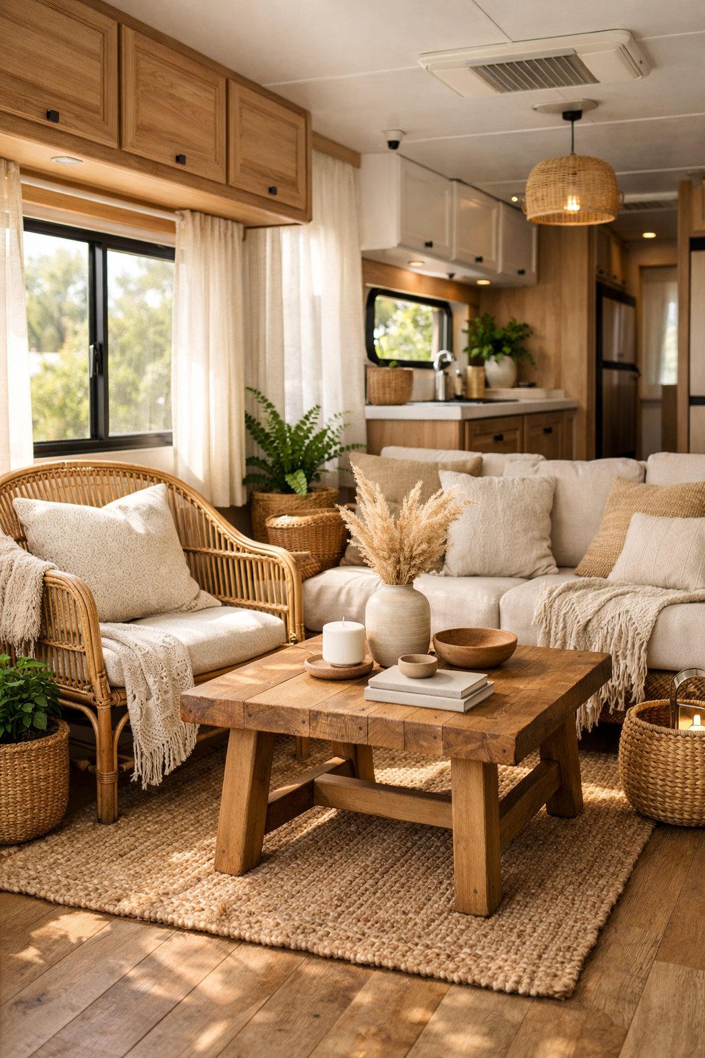 Interior of a glamping RV with wood and rattan furniture, cozy seating, plants, and natural light.