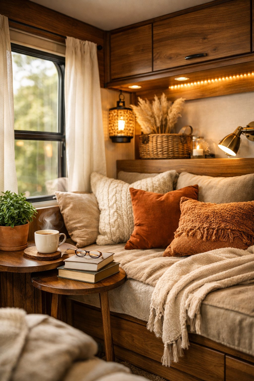 A cozy reading nook inside a glamping RV with pillows, a small table with a cup and books, and natural light coming through windows.