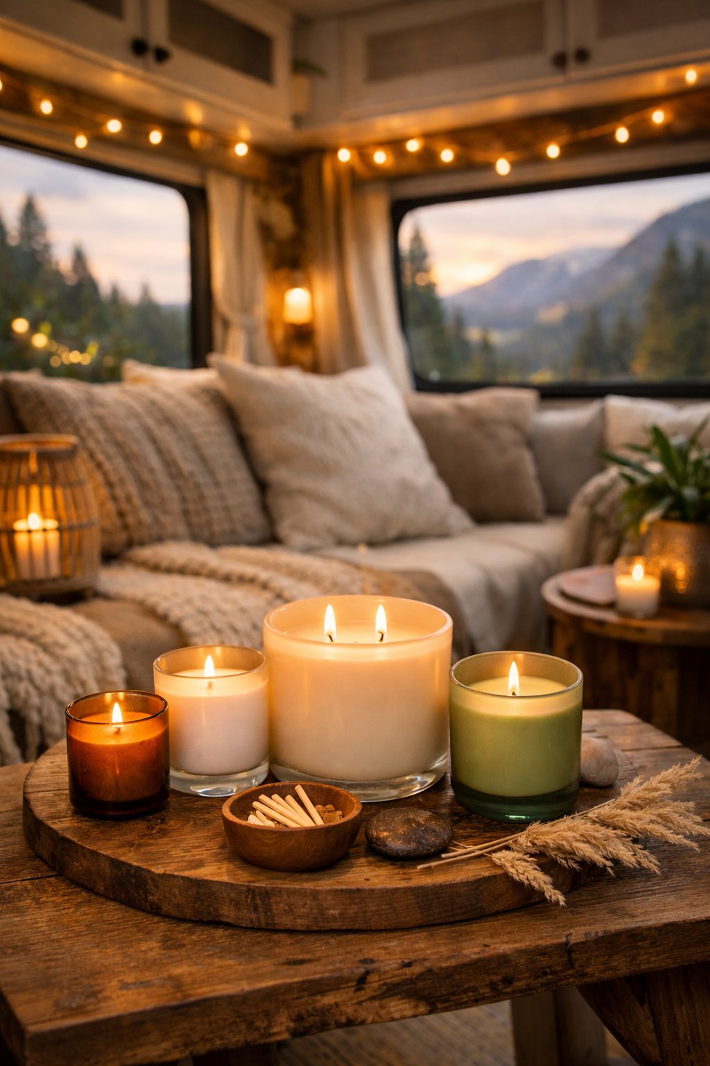 Cozy glamping RV interior with scented soy candles on a wooden table, soft cushions, blankets, and a scenic outdoor view through large windows.