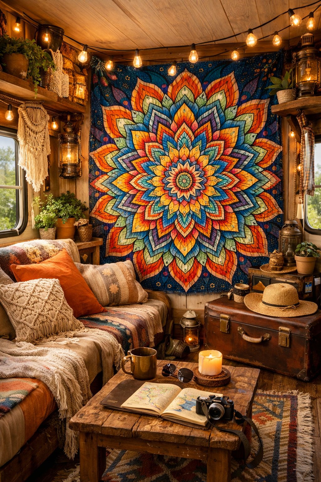 Interior of a cozy RV decorated with a large colorful mandala tapestry, cushions, plants, and warm lighting creating a relaxed atmosphere.