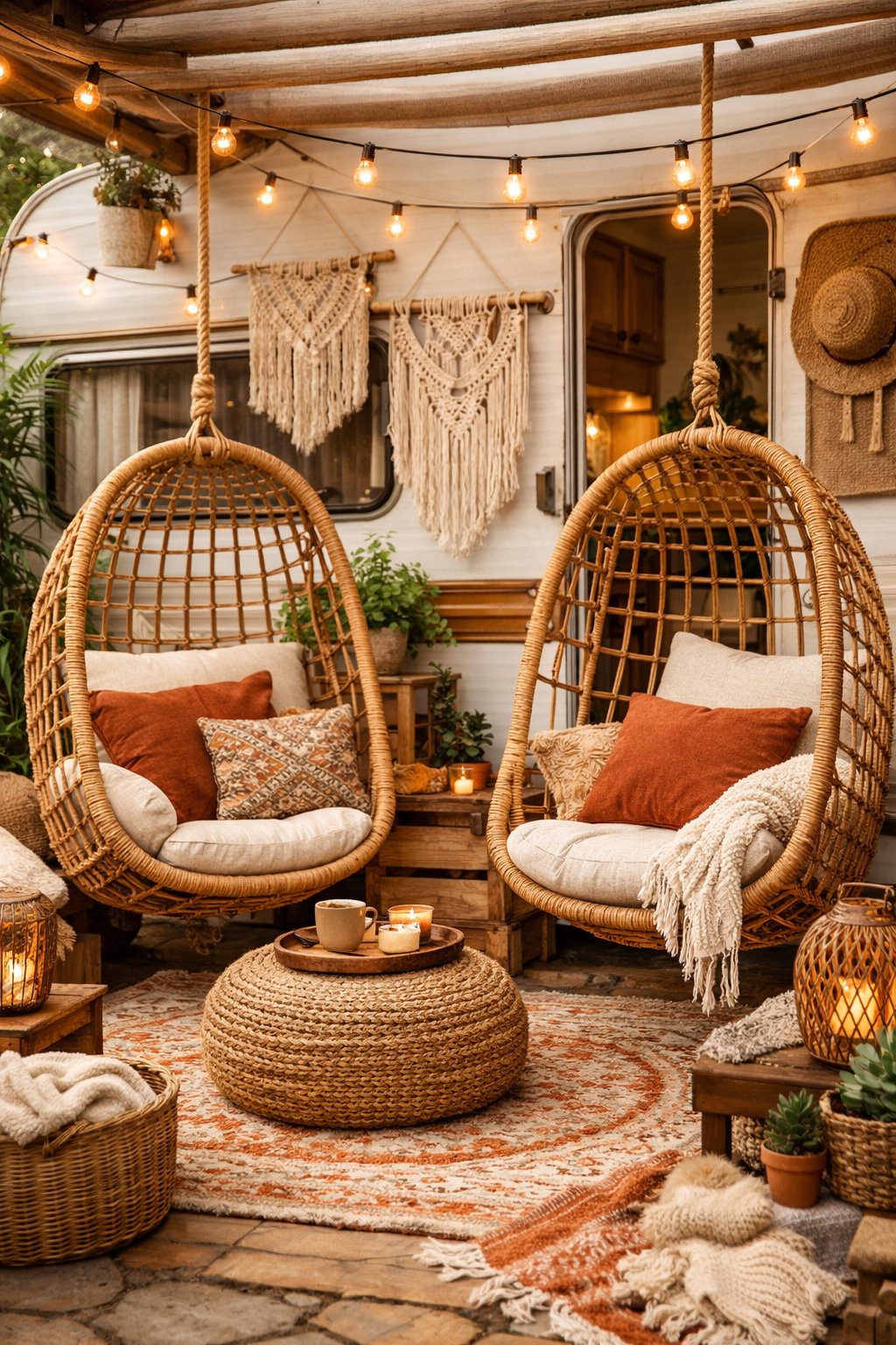 Rattan hanging chairs in a cozy space decorated with plants, cushions, and soft lighting.