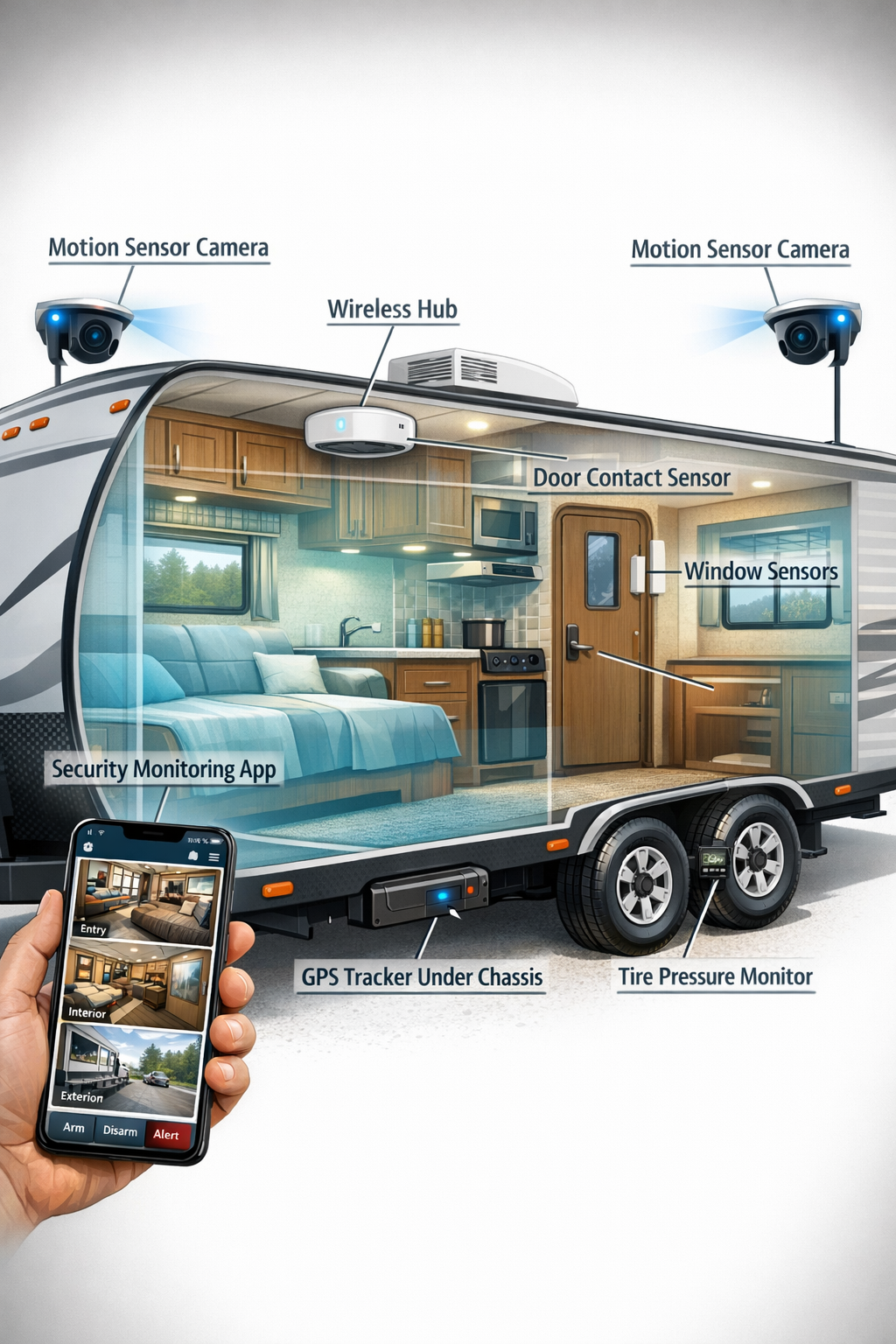 Portrait format (1024x1536) detailed illustration showing cross-section view of travel trailer with multiple security system components labe