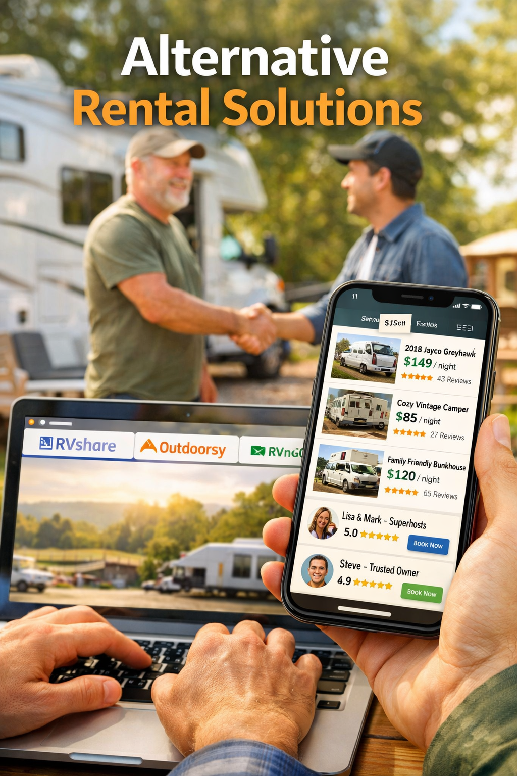 Portrait format (1024x1536) editorial image featuring smartphone screen displaying peer-to-peer RV rental platform interface with multiple R