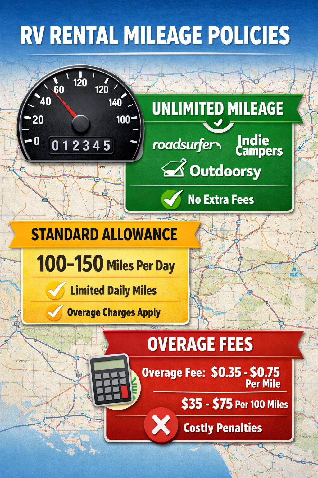 Portrait format (1024x1536) editorial image showing close-up comparison chart of RV rental mileage policies with three distinct sections: un