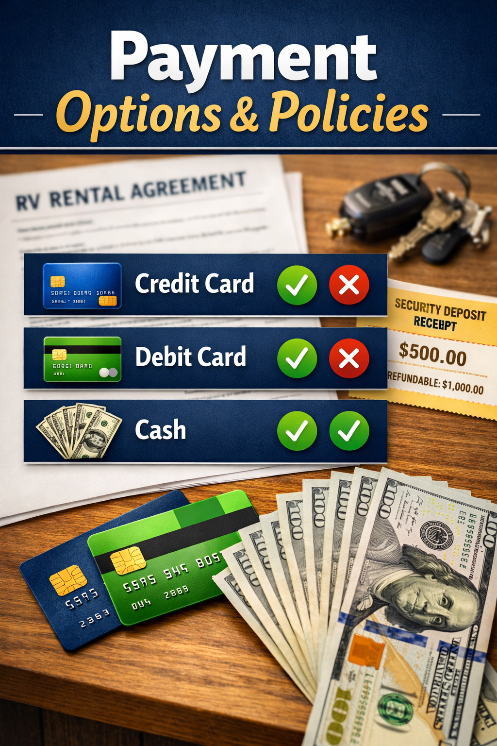 Portrait format (1024x1536) editorial image showing close-up comparison of payment methods for RV rentals: credit card, debit card, and cash