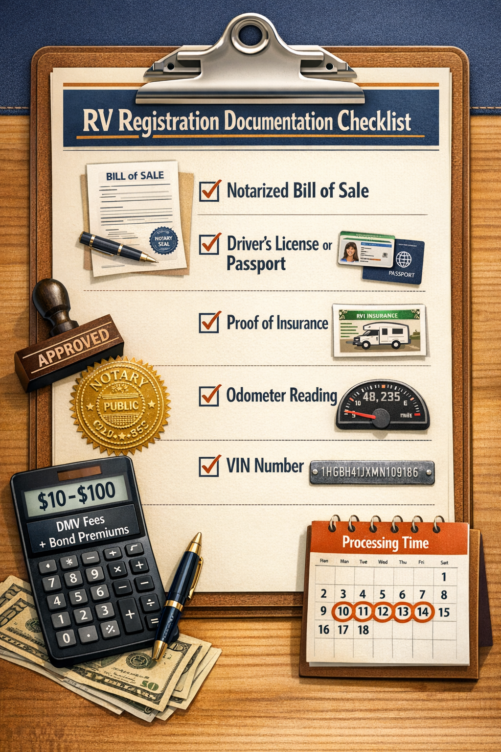 Portrait/Pinterest format (1024x1536) detailed checklist infographic for RV registration documentation. Visual shows clipboard with checkbox