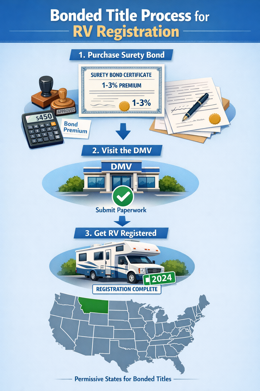 Portrait/Pinterest format (1024x1536) detailed illustration showing bonded title process workflow for RV registration. Visual includes three
