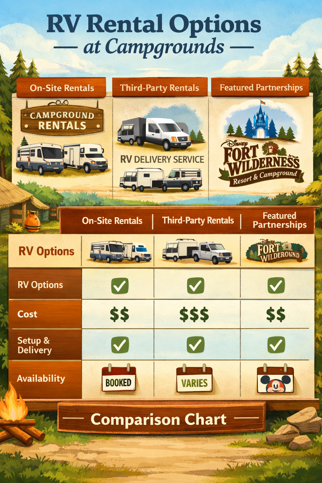 Portrait/Pinterest format (1024x1536) detailed infographic showing three main RV rental options at campgrounds: on-site rental programs with