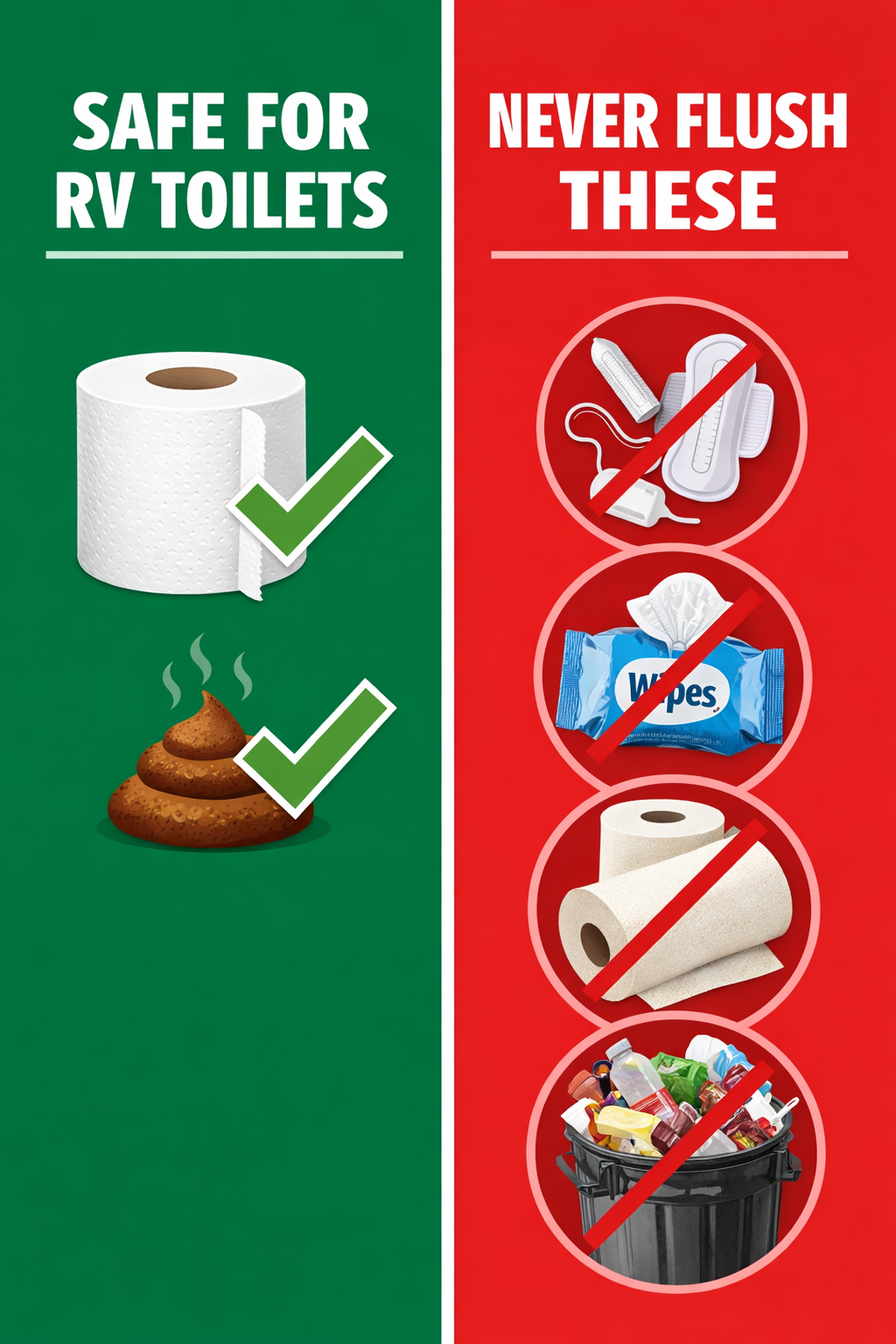 Portrait/Pinterest format (1024x1536) split comparison image showing DO and DON'T items for RV toilets. Left side with green background disp