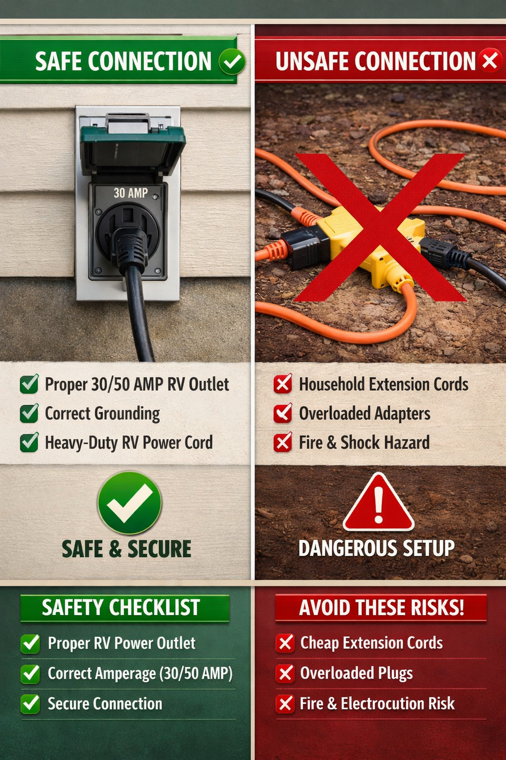 Portrait/Pinterest format (1024x1536) split comparison image showing safe versus unsafe RV power connection methods, left side displaying pr