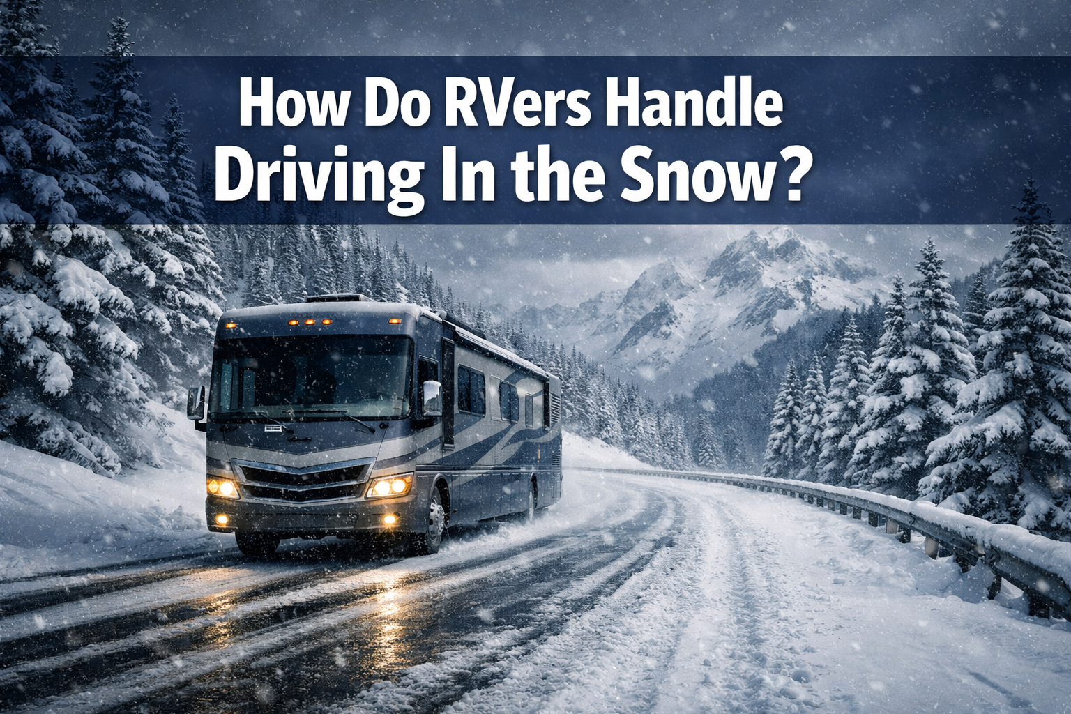 Professional landscape format (1536x1024) hero image featuring bold text overlay 'How Do RVers Handle Driving In the Snow?' in extra large 7