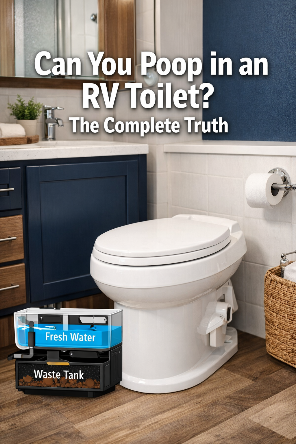 Professional portrait/Pinterest format (1024x1536) hero image featuring bold text overlay 'Can You Poop in an RV Toilet? The Complete Truth'