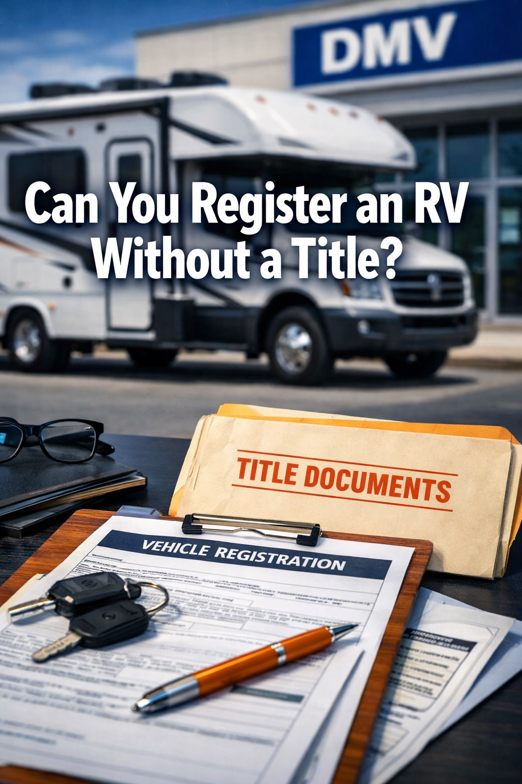 Professional portrait/Pinterest format (1024x1536) hero image featuring bold text overlay 'Can You Register an RV Without a Title?' in extra