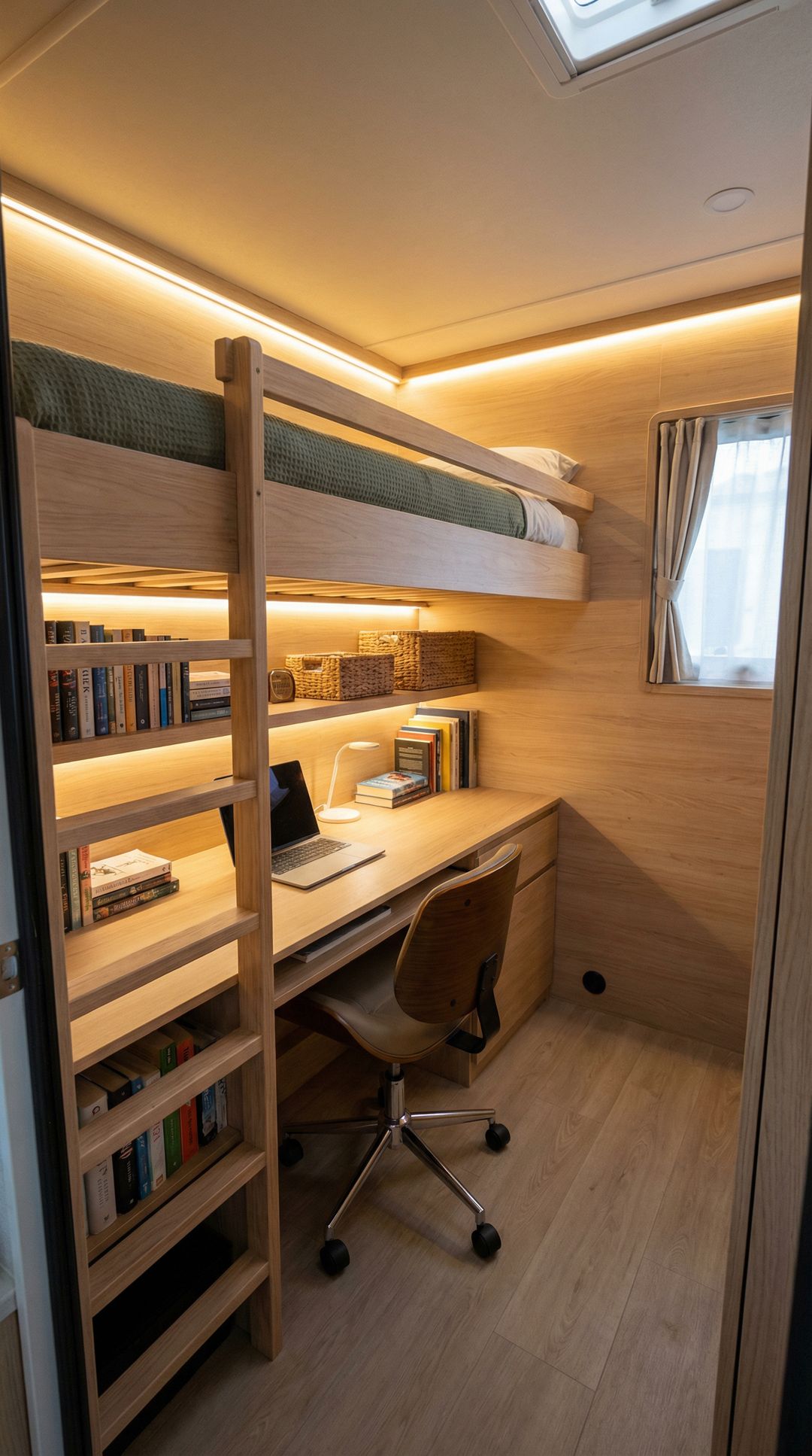 RV bunk with built-in desk underneath