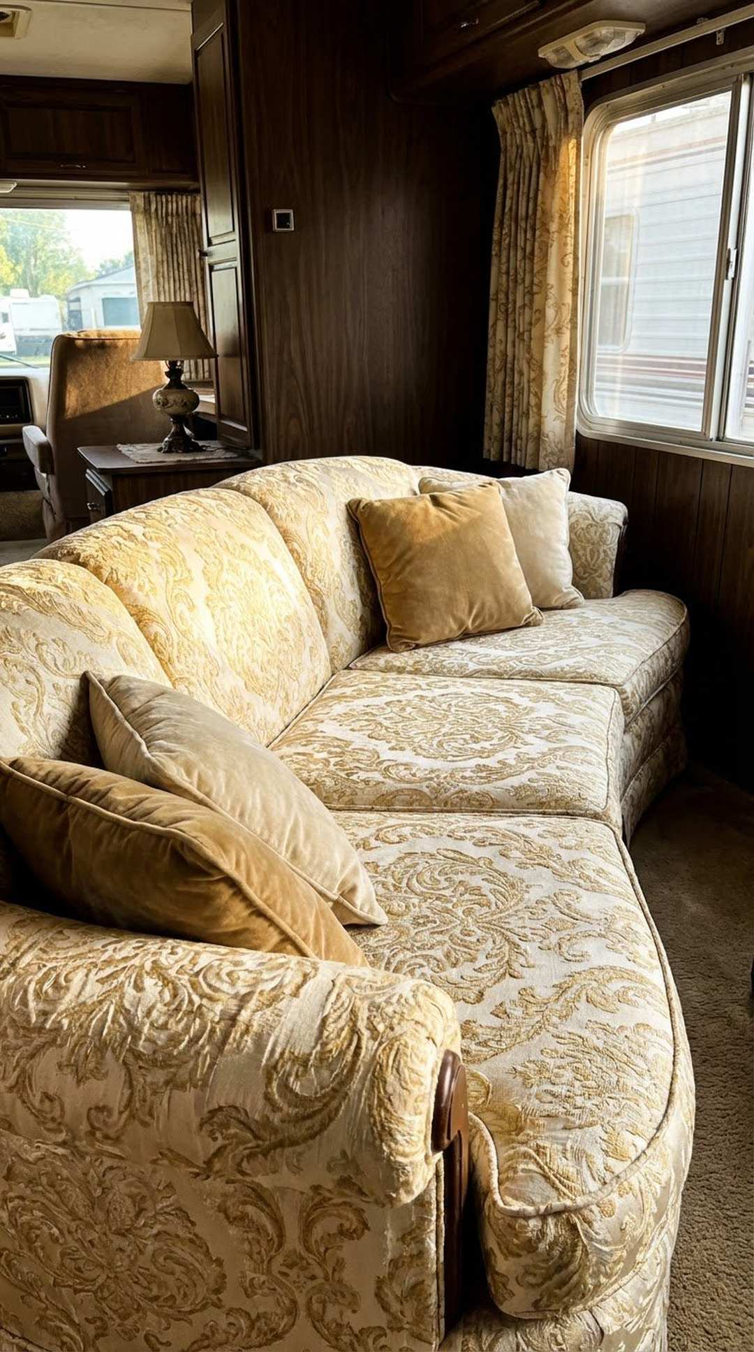Damask upholstery fabric in cream and gold on RV sofa