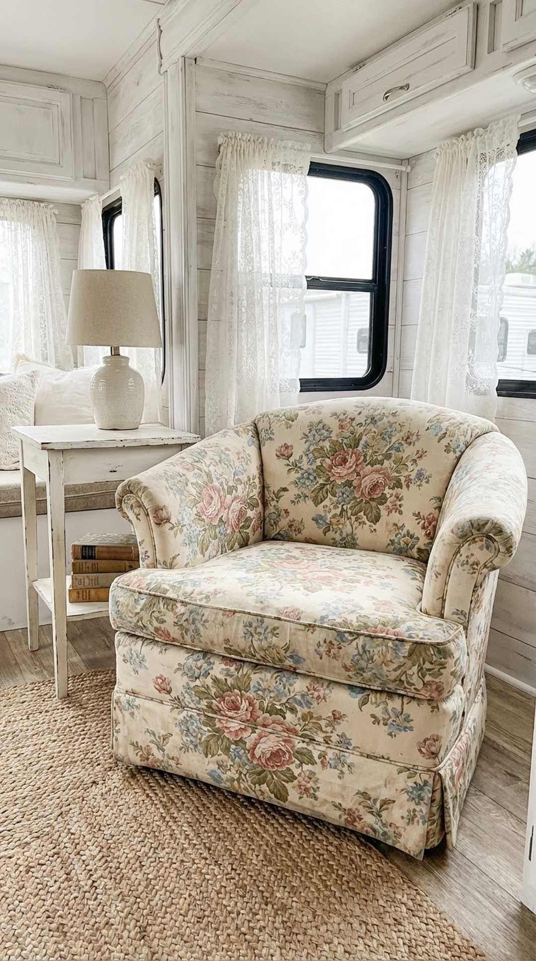 Vintage floral chintz fabric with roses in shabby chic style