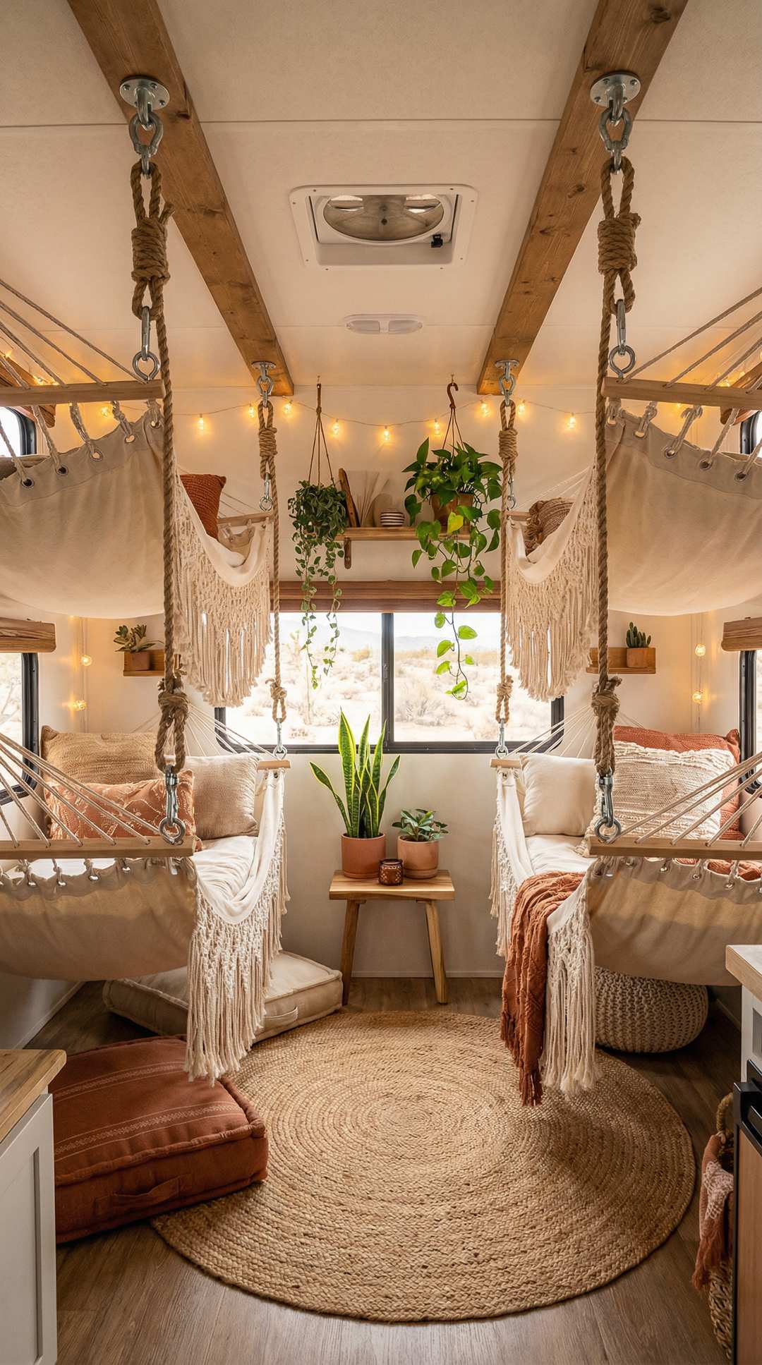 Hammock-style hanging bunks in RV