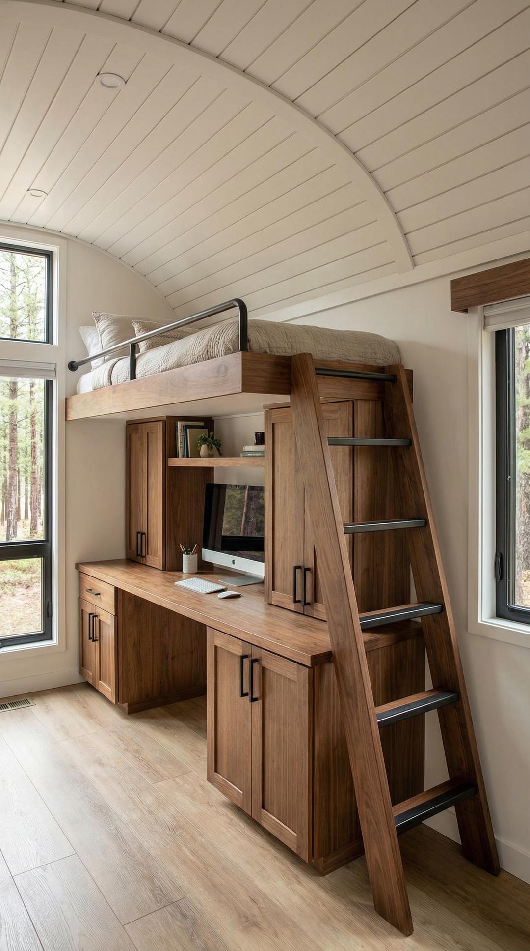 Loft bunk with workspace underneath in RV