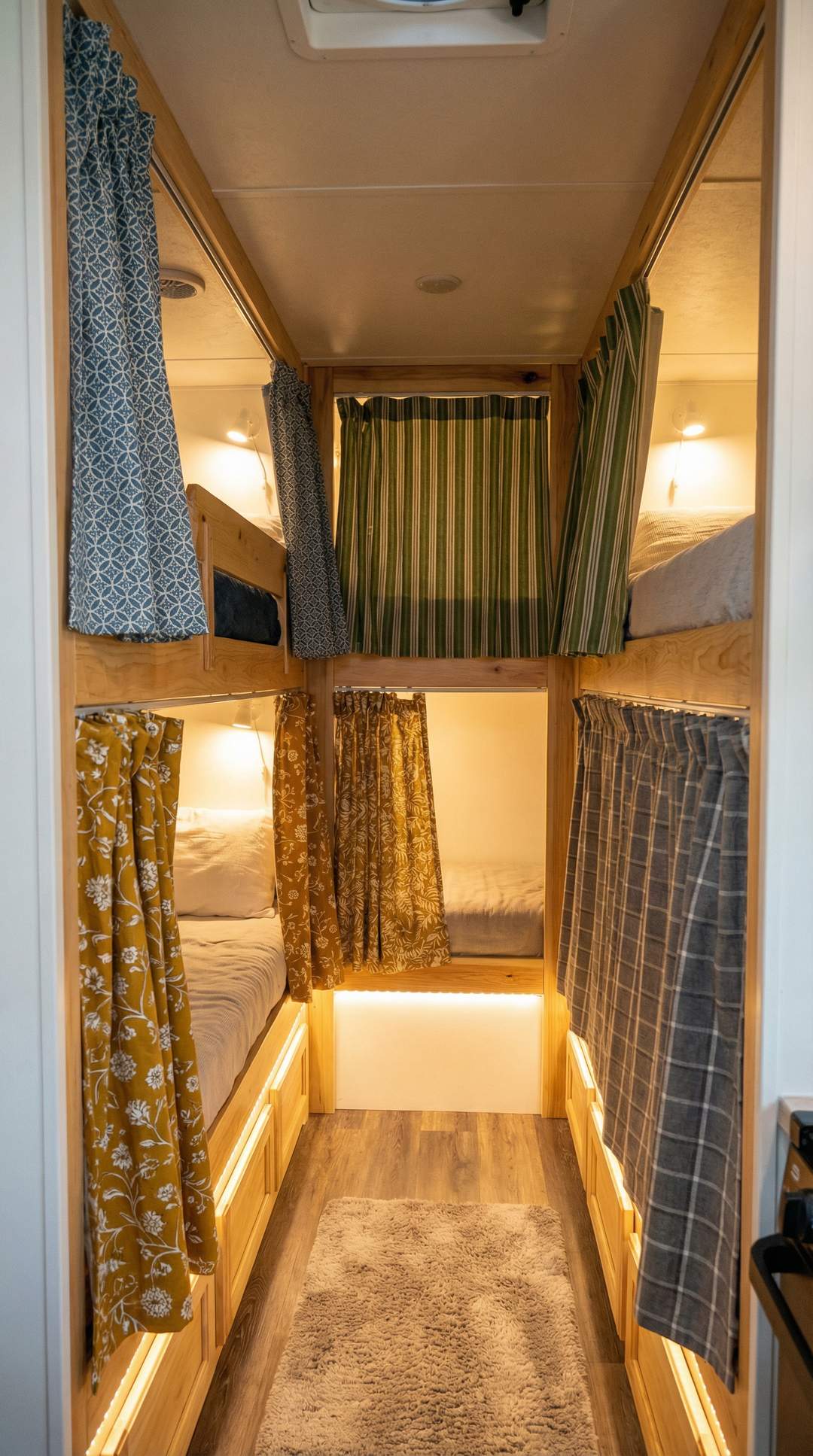 Privacy curtain pods around RV bunks