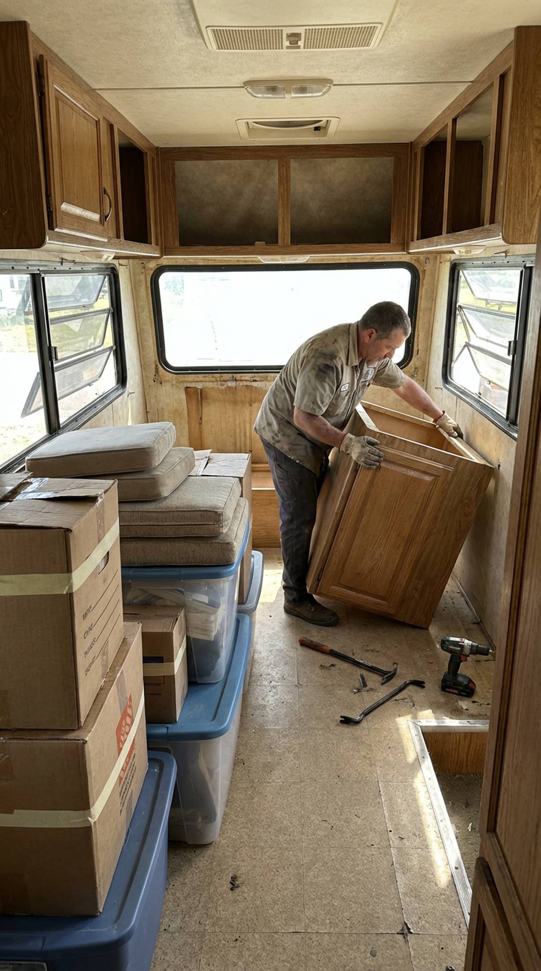 Removing old RV interior furniture and fixtures