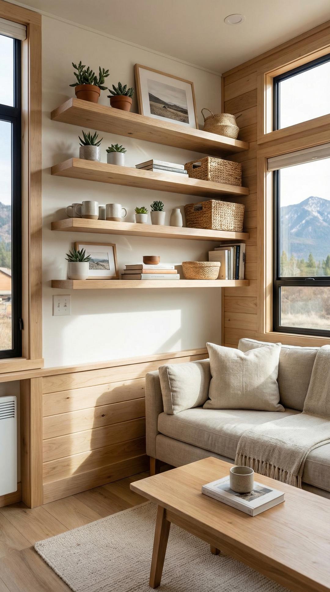 RV living area featuring open floating shelves with decorative items and modern organization