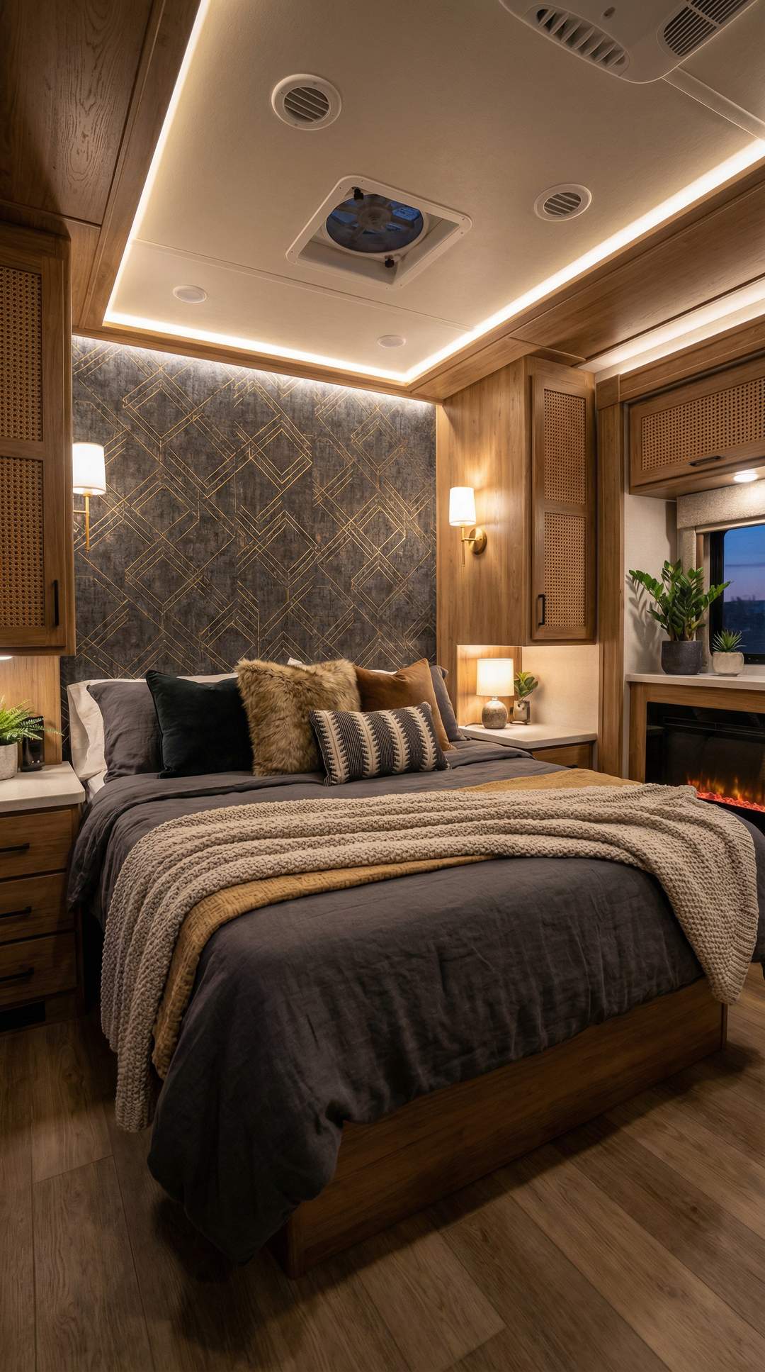 Luxurious RV bedroom featuring a peel-and-stick wallpaper accent wall with modern bedding