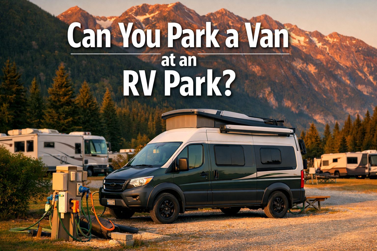 Professional portrait/Pinterest format (1024x1536) hero image featuring bold text overlay 'Can You Park a Van at an RV Park?' in extra large