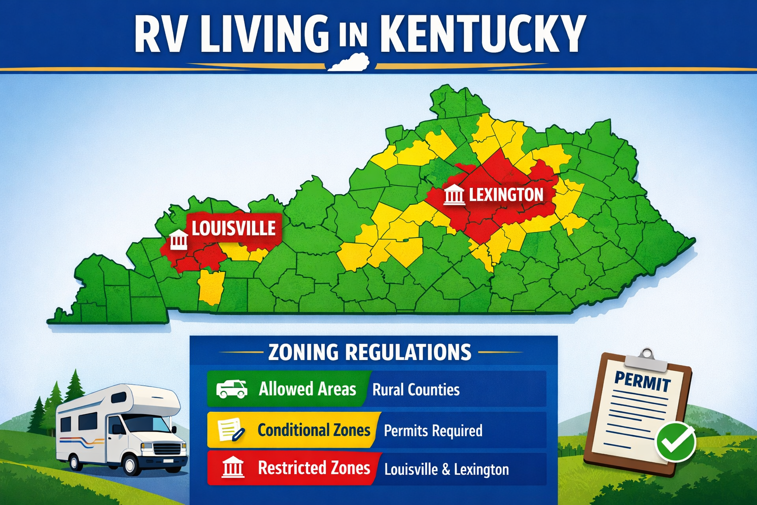 Portrait format (1024x1536) infographic showing Kentucky state map with color-coded zones indicating RV living legality - green for allowed