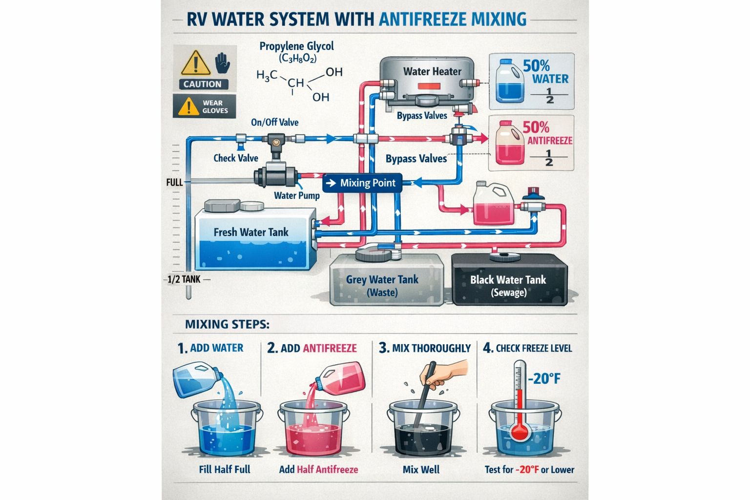 Portrait format (1024x1536) infographic showing RV water system diagram with antifreeze and water mixing points, labeled pipes, water heater