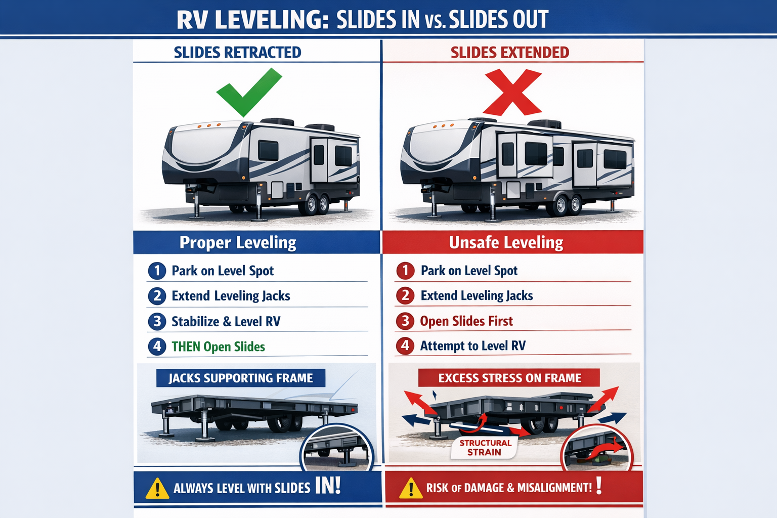 Portrait format (1024x1536) detailed infographic showing RV leveling process with slides retracted versus extended. Split-screen comparison
