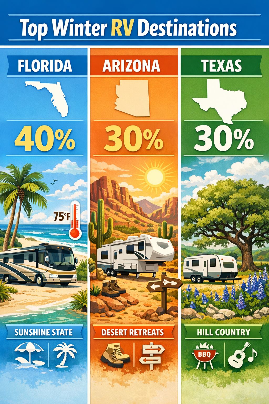 Portrait/Pinterest format (1024x1536) detailed infographic showing three-way split comparison of Florida, Arizona, and Texas winter RV desti