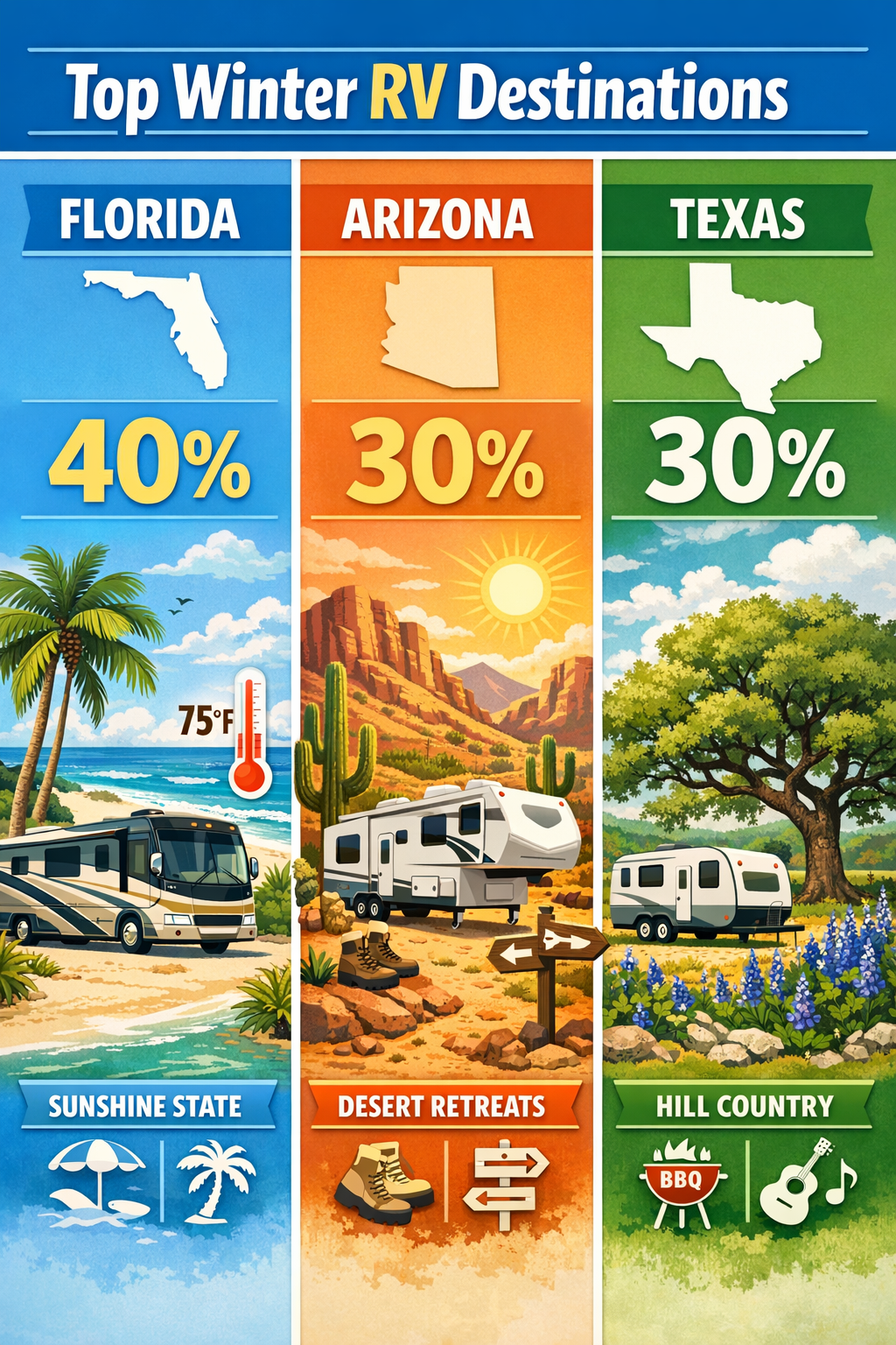 Portrait/Pinterest format (1024x1536) detailed infographic showing three-way split comparison of Florida, Arizona, and Texas winter RV desti