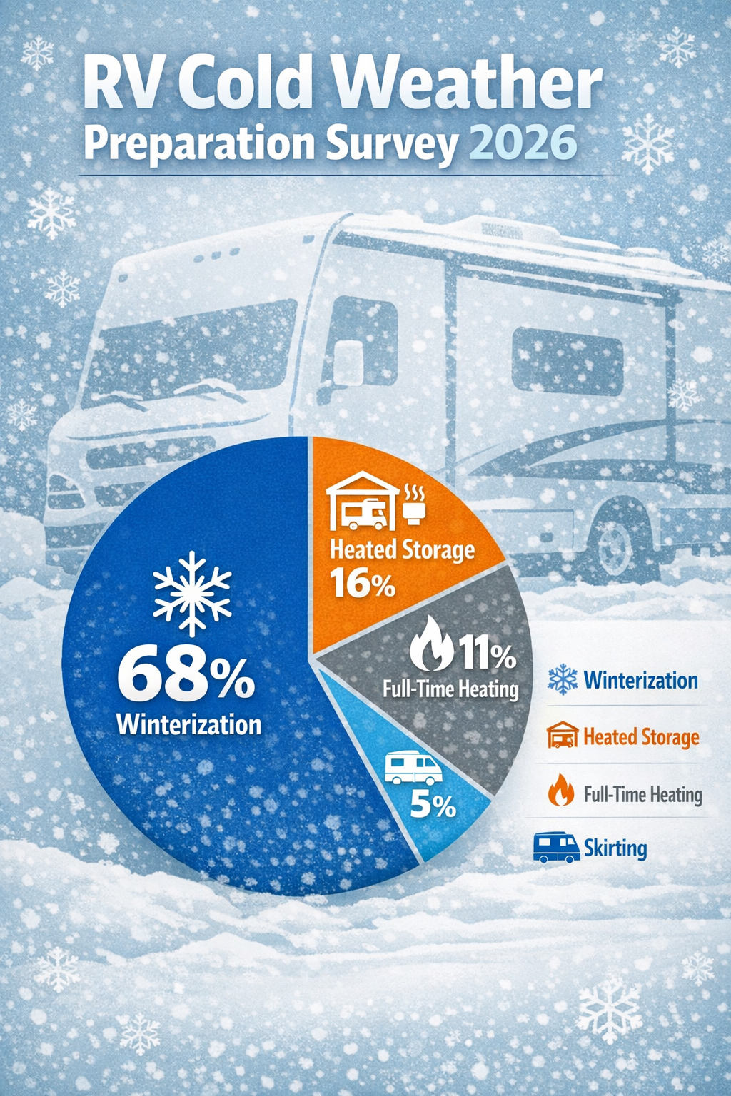 Portrait/Pinterest format (1024x1536) detailed infographic showing survey results pie chart with four segments: Winterization 68% in deep bl