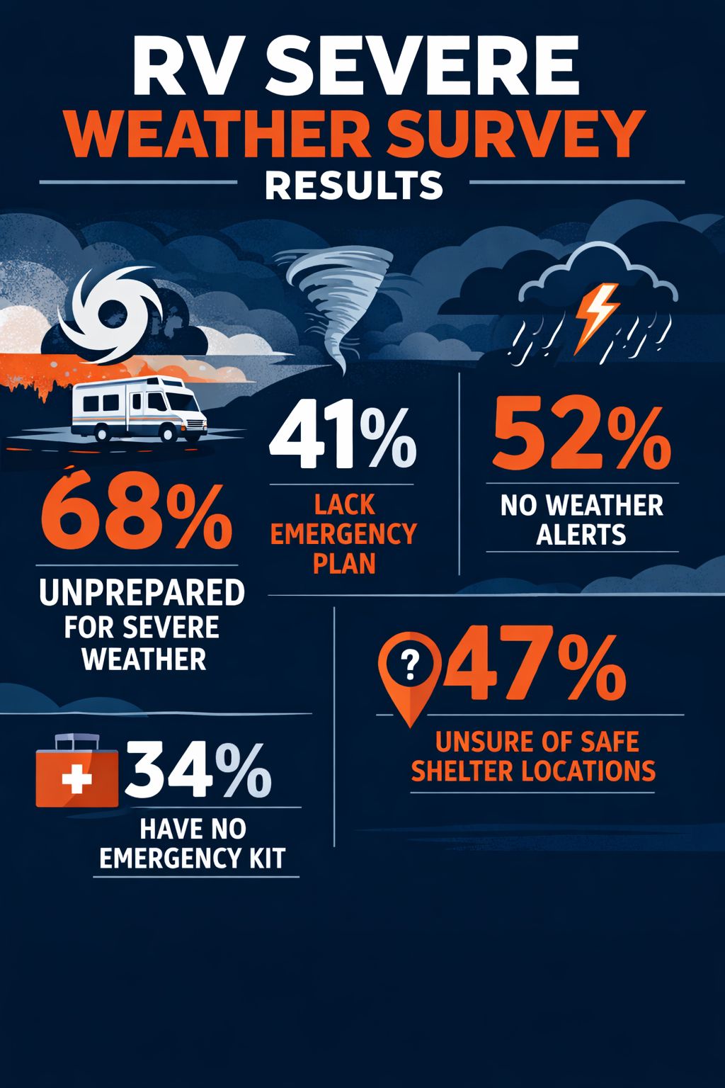 Infographic-style visualization highlighting key takeaways from RV severe weather survey, featuring bold data visualization with percentage