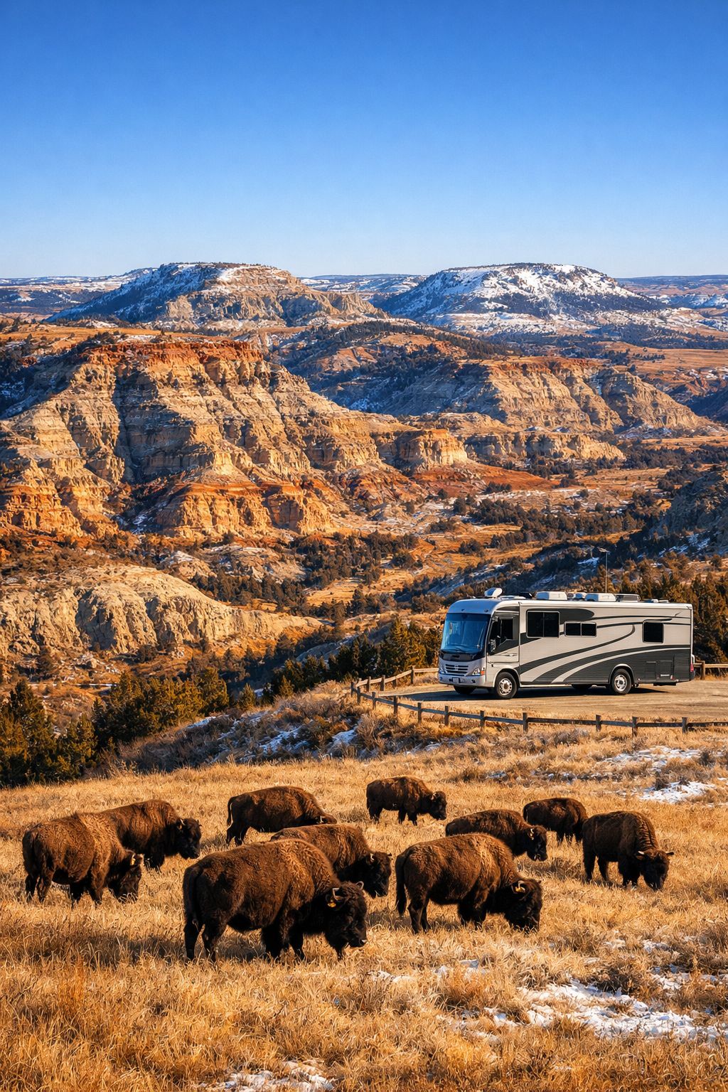 Portrait Pinterest format 1024x1536 editorial image showing expansive Theodore Roosevelt National Park North Dakota Badlands landscape with