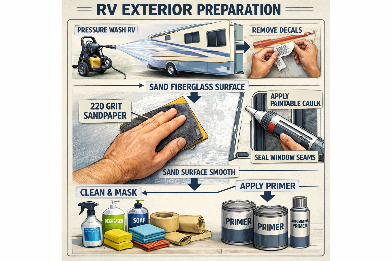 Portrait/Pinterest format (1024x1536) detailed illustration showing RV exterior surface preparation process with close-up view of fiberglass