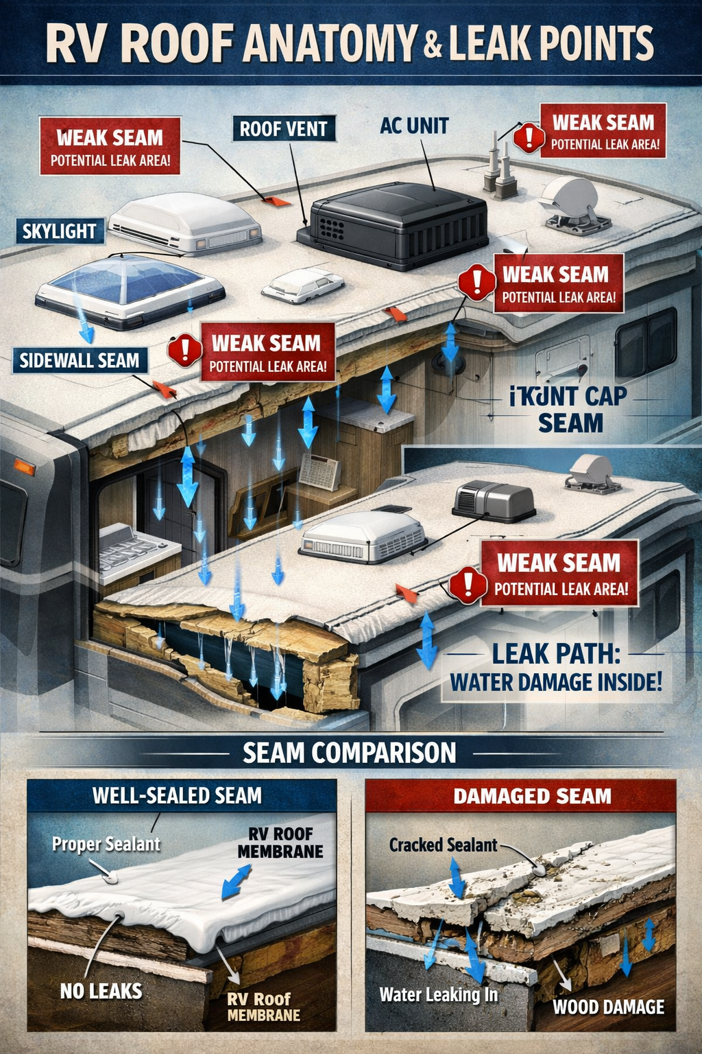 Portrait/Pinterest format (1024x1536) detailed infographic showing RV roof anatomy with labeled vulnerable points including roof seams, skyl