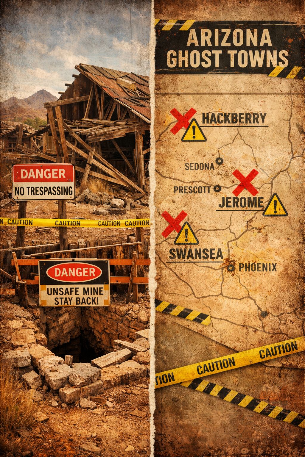Portrait/Pinterest format (1024x1536) editorial image showing split-screen comparison of dangerous ghost town conditions: left side displays
