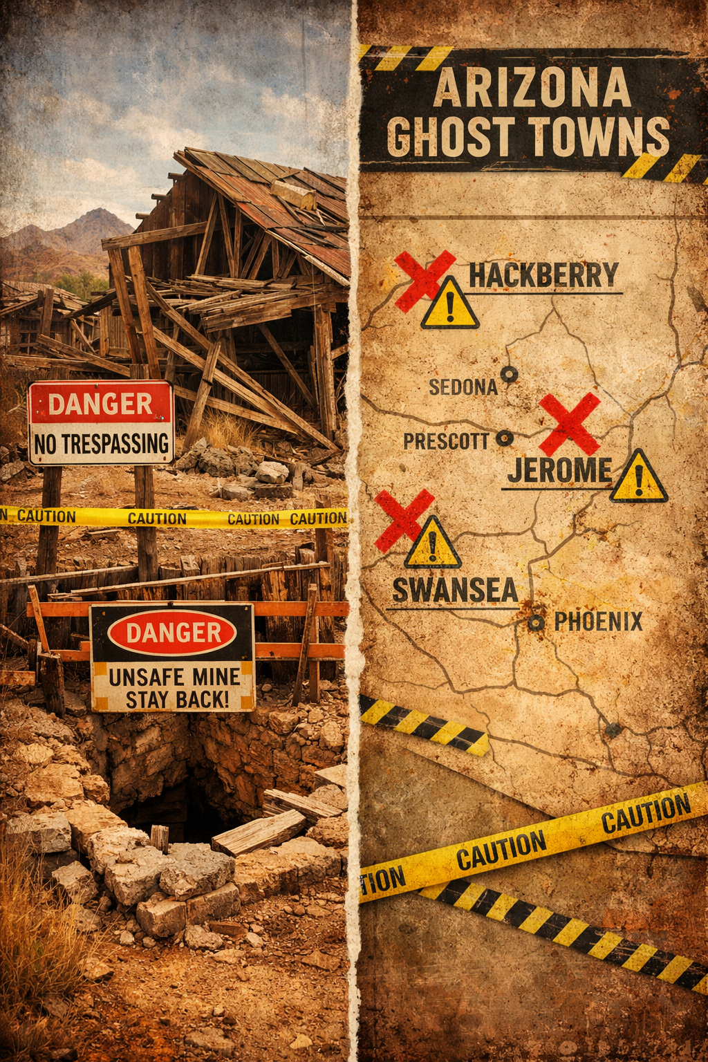 Portrait/Pinterest format (1024x1536) editorial image showing split-screen comparison of dangerous ghost town conditions: left side displays