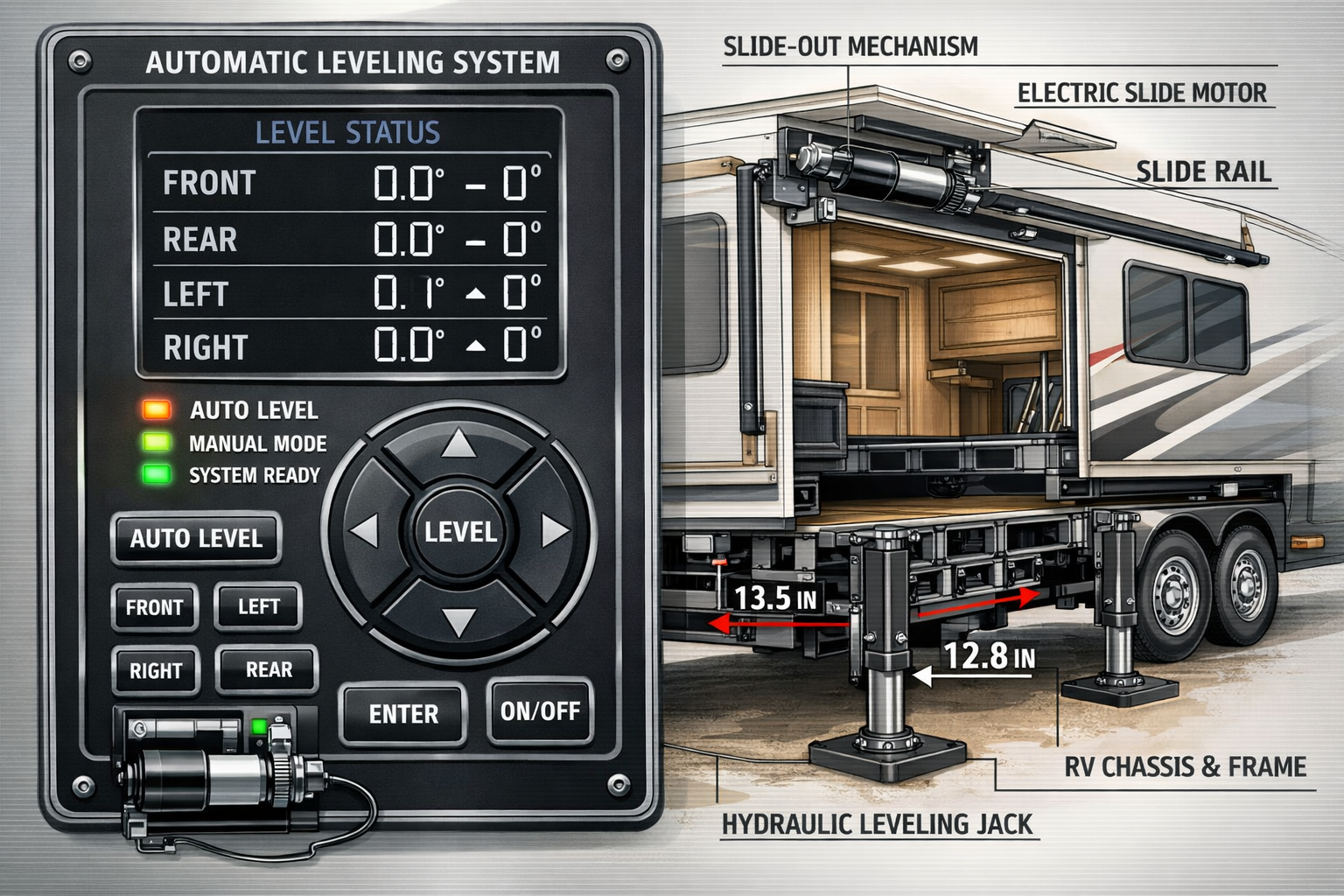 Portrait format (1024x1536) close-up technical illustration of automatic leveling system control panel with digital display showing level re