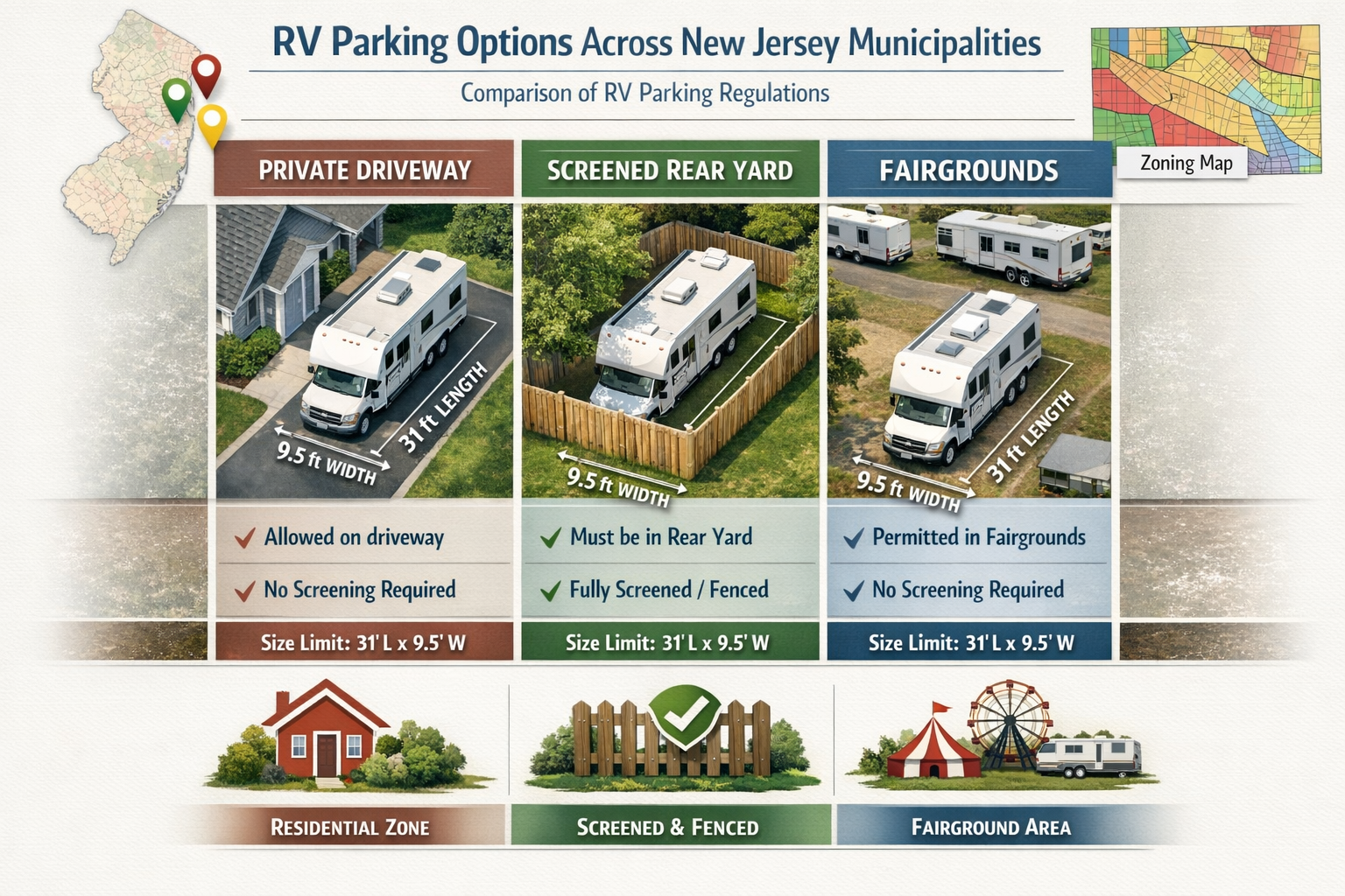 Portrait format (1024x1536) detailed comparison chart showing RV parking options across New Jersey municipalities including private driveway