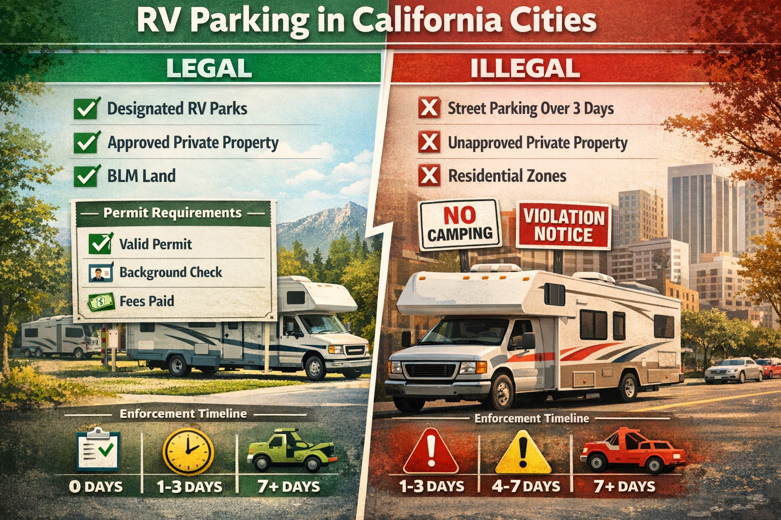 Portrait format (1024x1536) detailed comparison chart showing legal vs illegal RV parking scenarios in California cities. Split-screen desig
