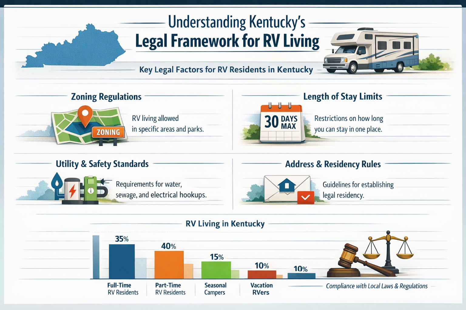 Professional infographic for article "Can You Live in an RV in Kentucky? A Complete Guide for 2026", section: "Understanding Kentucky's Lega