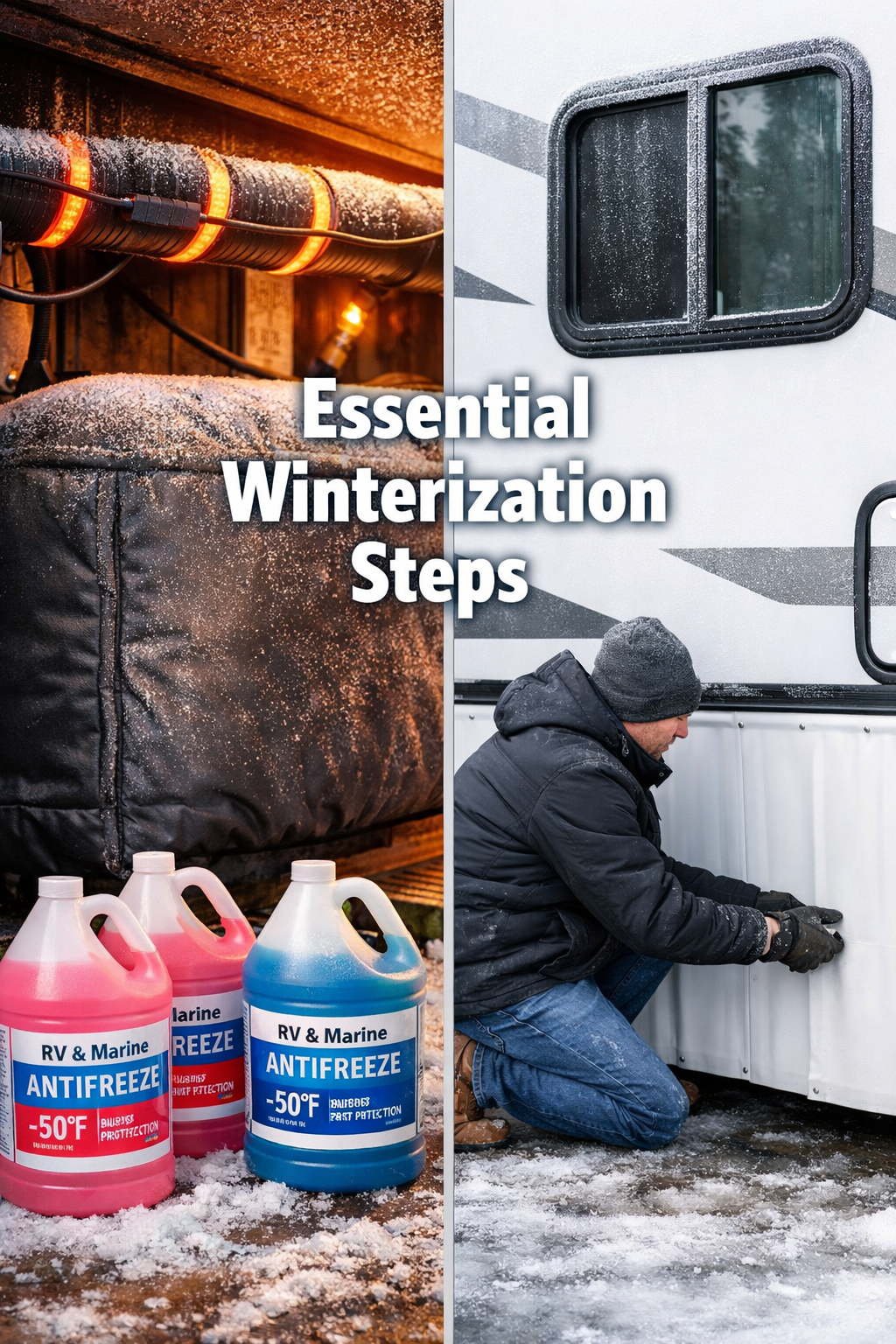 Portrait/Pinterest format (1024x1536) split-screen composition showing RV winterization essentials. Left side displays water system protecti