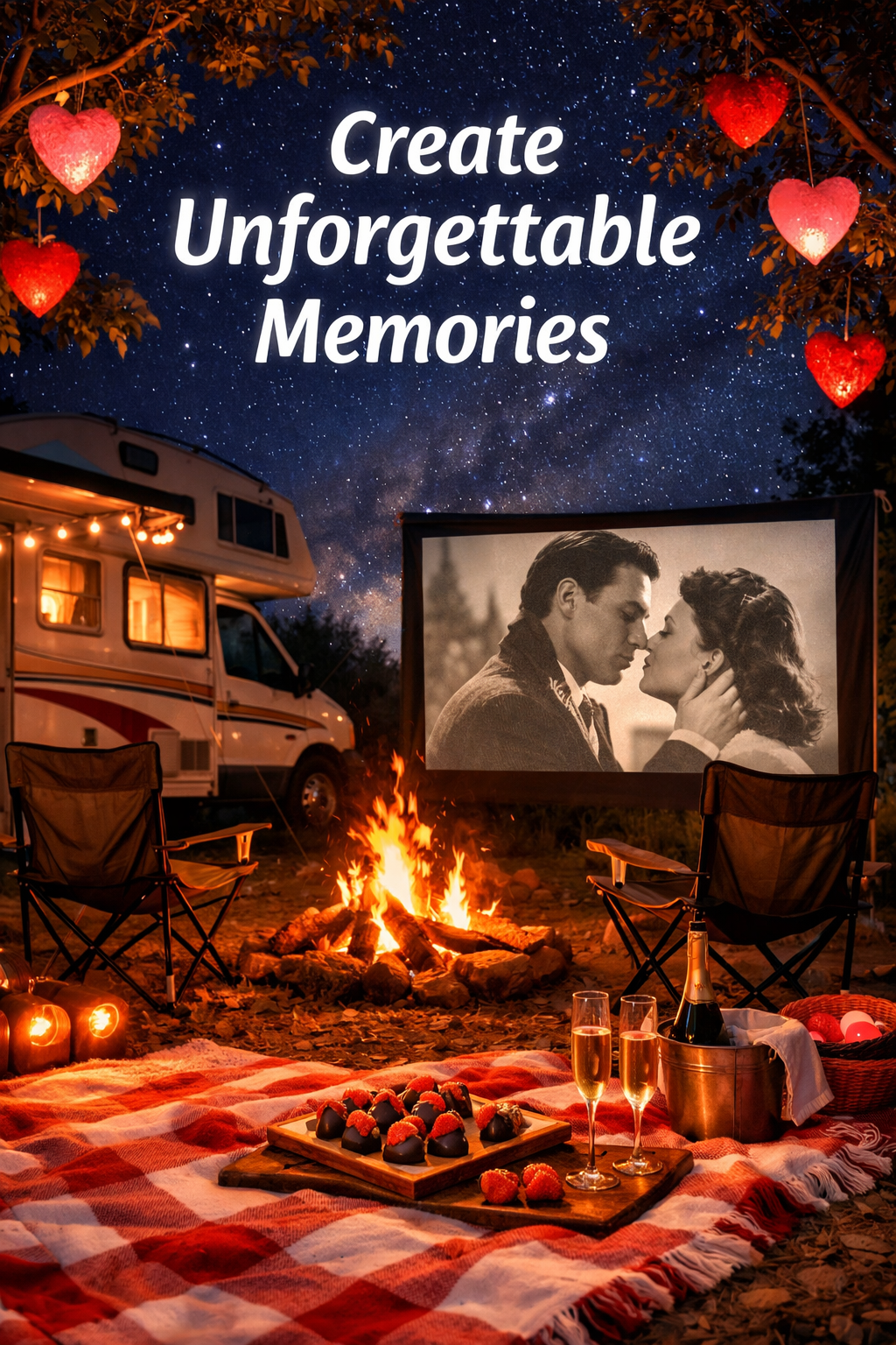Portrait/Pinterest format (1024x1536) editorial lifestyle image depicting a romantic outdoor campfire scene next to a parked RV at night und
